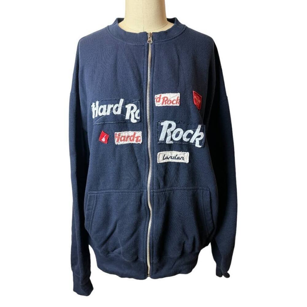 Hard Rock Cafe Navy Full Zip Patches Sweatshirt Womens Size L